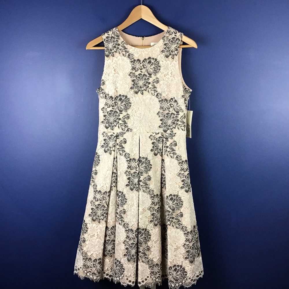 ELIZA J Sleeveless Lace Fit and Flare Dress Size 6 NWT Cream Taupe Pockets